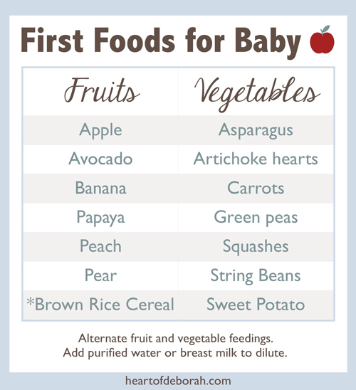 Here is a list of 14 first foods for baby. Did you know new research is suggesting early introduction of highly allergenic foods? Read more about feeding your baby!