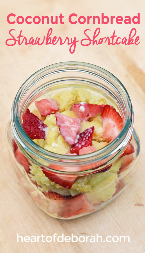 This is one of my favorite summer desserts! This coconut cornbread strawberry shortcake is easy to make and is delicious layered in a mason jar. The cake is very soft and moist. #delicious #shortcake #cornbread #summer