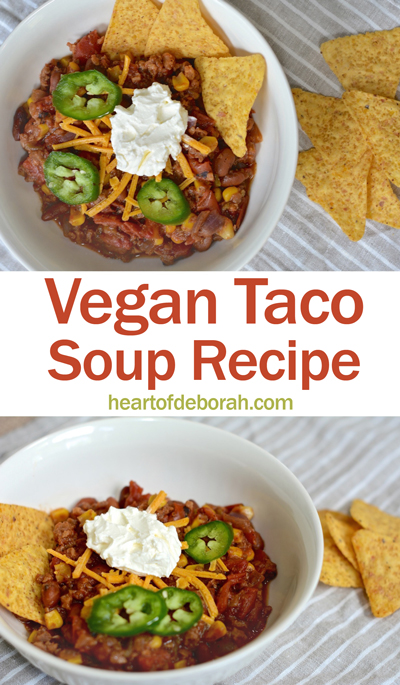 Looking for a savory and flavorful vegan taco soup recipe? This healthy chili is the perfect football season recipe. Your whole family will love it!