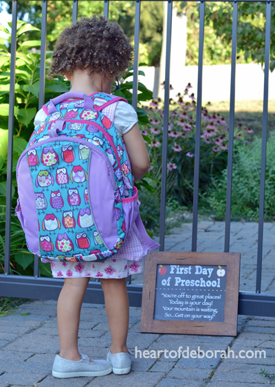 Our daughter's first day of preschool. We documented back to school with this cute sign. Want a first day of school sign for your child? Download one here!