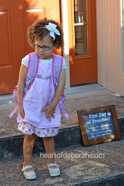 Our daughter's first day of preschool. Want a first day of preschool sign for your child? Download one here!