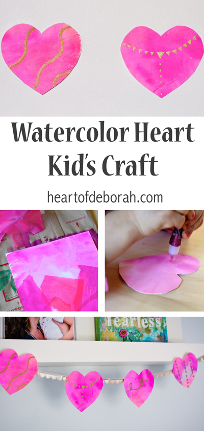 A fun and simple kid's craft to make watercolor hearts. Use tissue paper to create a beautiful watercolor heart design. You can use the hearts as Valentine's Day decorations or all year long as kid's bedroom decor!