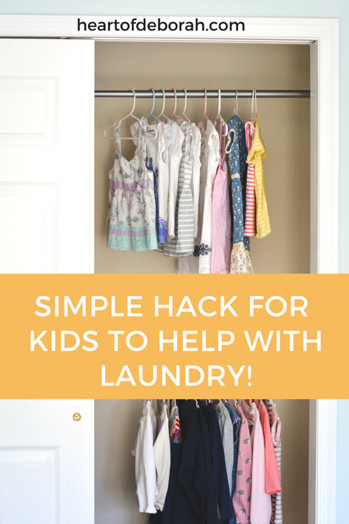 Your preschooler can help you with laundry! Organization hack: Put a second lower bar in their closet so they can hang up some of the clothes themselves! #preschool #laundry #homemaking