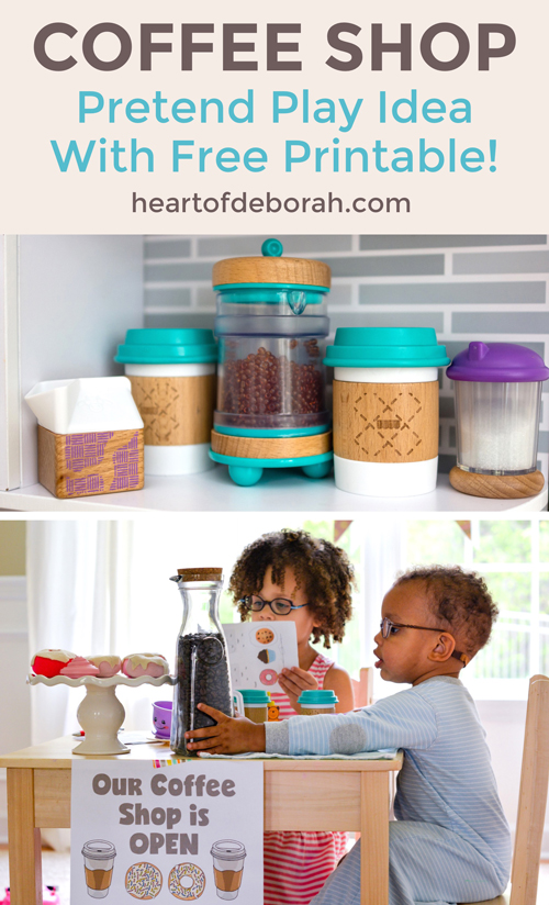 Pretend play is a preschooler's dream! Set up this dramatic play coffee shop and your kids will love taking your order. Don't forget to download the free printable coffee shop sign and order form. Your toddler will love making your coffee and warming up the donuts.