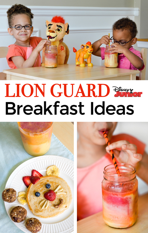 Encourage healthy eating and have a blast with these fun breakfast ideas! Your kids will love eating their lion cub pancakes and pride rock energy balls while sipping their sunrise smoothie. Healthy snacks and a fun summer idea. AD 