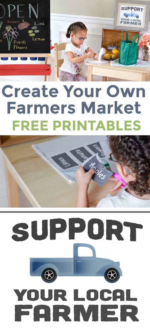 Make your own farmers market for kids! Easy farmers market dramatic play center for young kids and preschoolers. Use your imagination and build your own market with these free printables! 