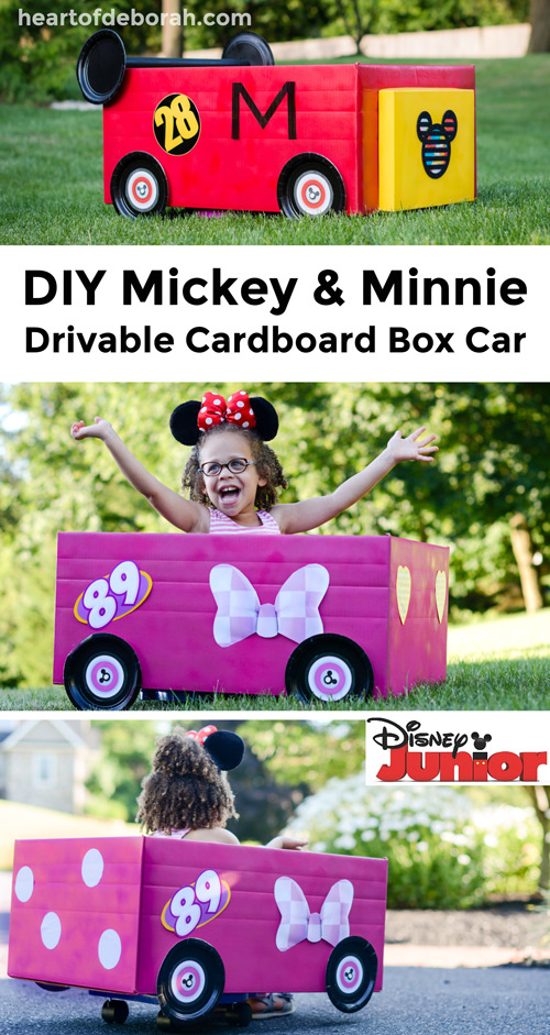 Your kids will love to drive around in their own Mickey Mouse Roadster Racer! Follow these directions to make your own cardboard box car racer inspired by Mickey and Minnie Mouse! (ad)