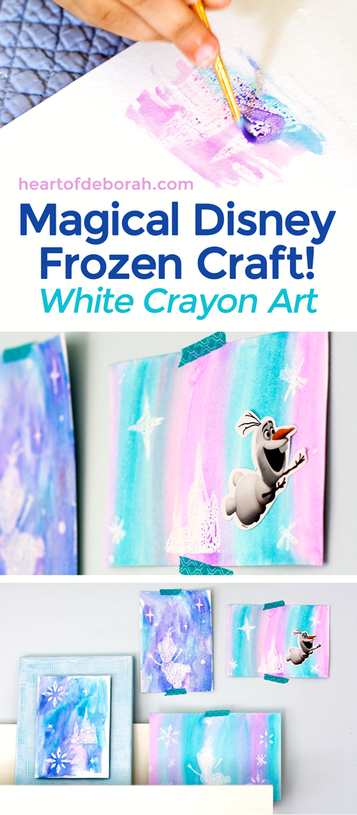 We LOVE Frozen and with Olaf's Frozen Adventure coming out we wanted to create a magical Frozen craft. Here is a fun white crayon watercolor craft for kids! We used the white crayon resist technique and watercolor paint to create this fun kid's activity.