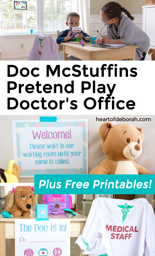 Set up your own DIY pretend play doctor's office with these doctors printables. We used a Disney Junior Doc McStuffins theme and quickly set up our dramatic play center! #DocMcStuffins #Disney #pretendplay #imagination #dramaticplay