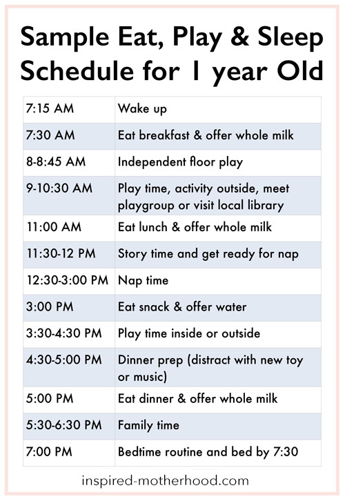 Every child is different, but it's nice to see a sample eat, play and sleep schedule to get an idea! Here is a sample baby schedule for one year old toddler.