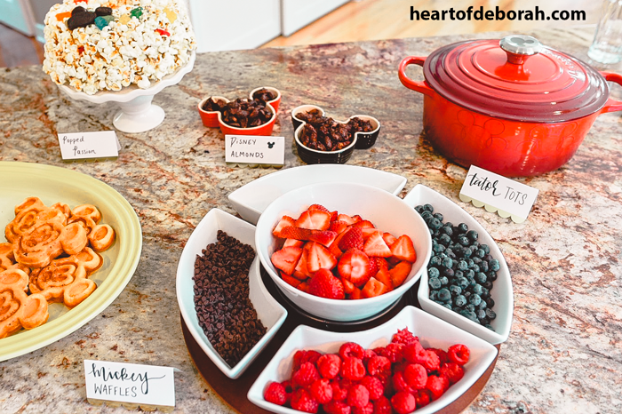 What a fun Mickey Mouse Waffle bar idea for a kid's birthday party!