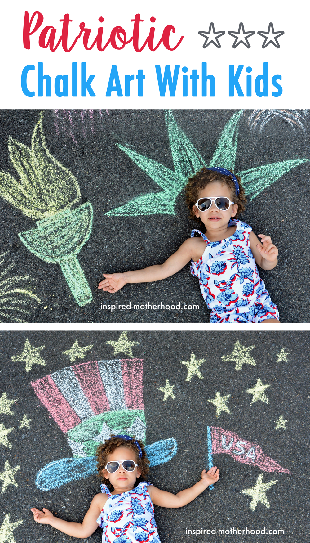 How adorable is this patriotic chalk art for kids!? Celebrate the red, white and blue with these fun 4th of July kid's activities.