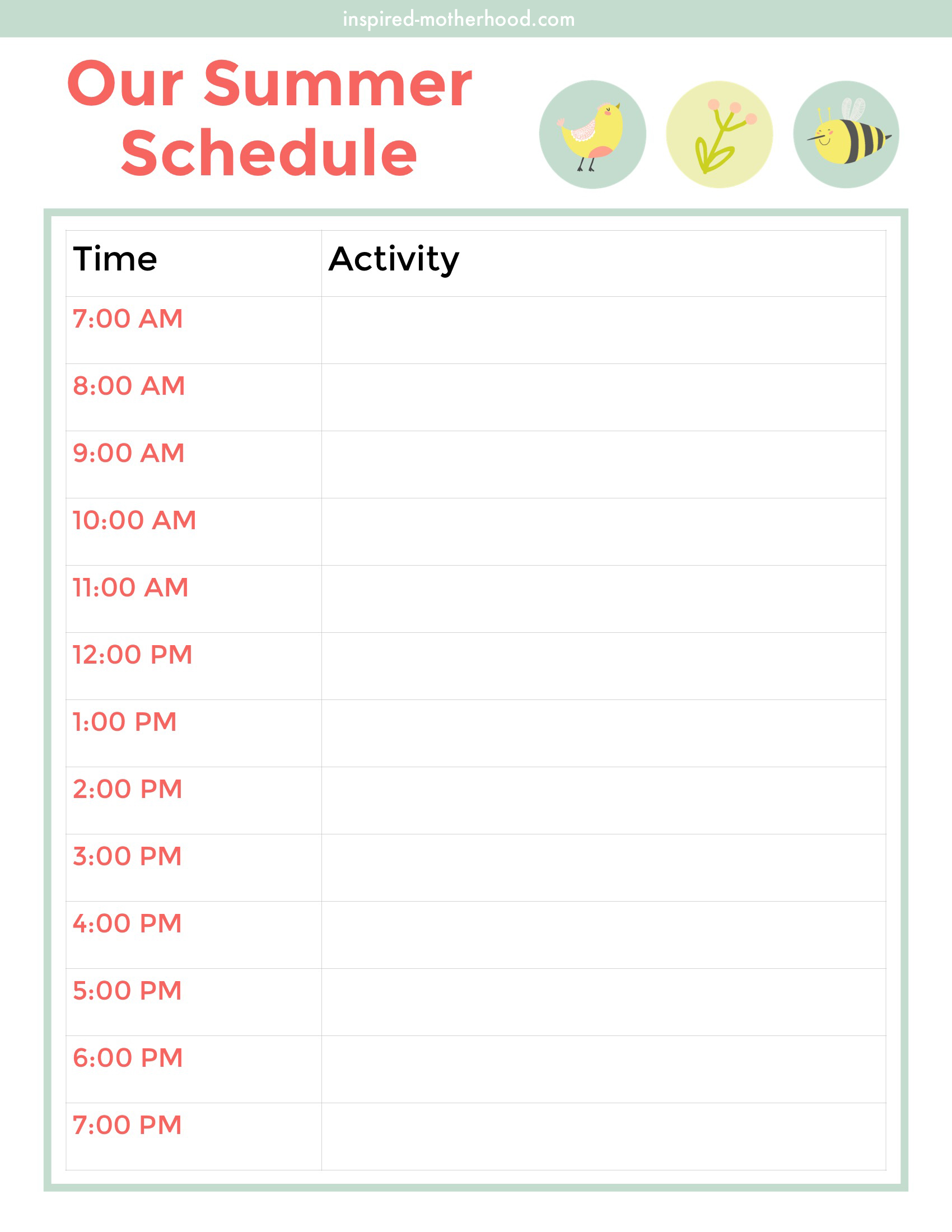 Printable Summer Daily Schedule Template Printable Templates