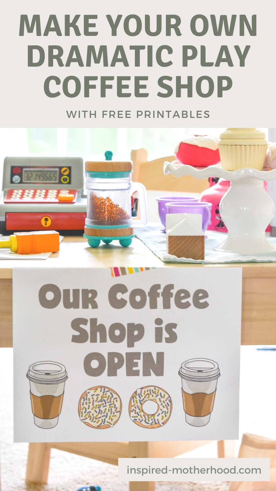 Dramatic play is great for a preschoolers development. You can make your own pretend play coffee shop at home! Use items you already have and download the free printable to set it up in your playroom.