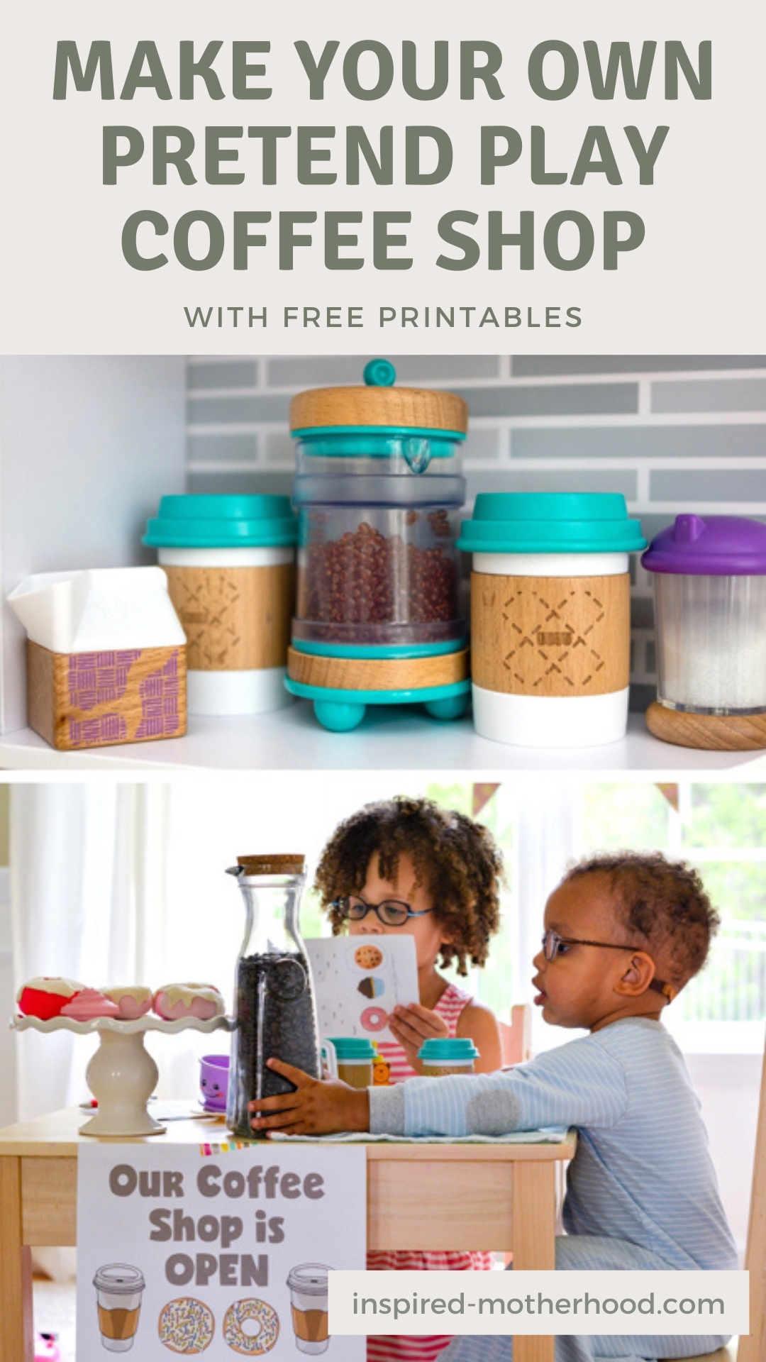 Pretend play is a preschooler's dream! Set up this dramatic play coffee shop and your kids will love taking your order. Don't forget to download the free printable coffee shop sign and order form. Your toddler will love making your coffee and warming up the donuts.