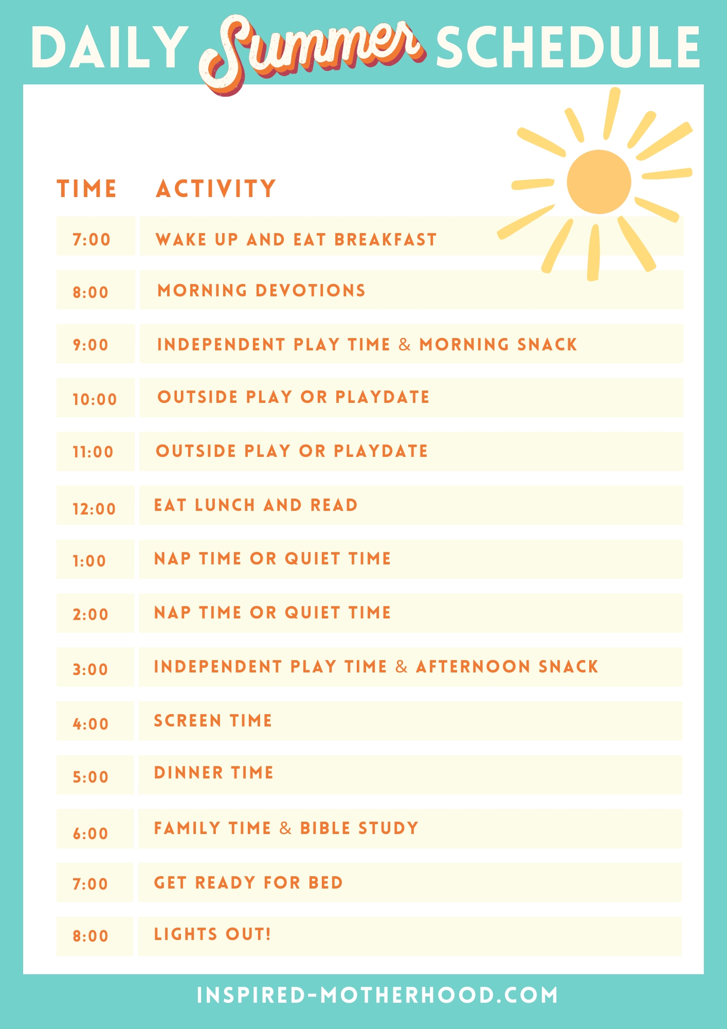 A GREAT sample summer schedule for young kids. I've found if we have too much open time without structure we don't know what to do with ourselves. We won't do well if we have a completely unstructured summer. We like order and our family thrives on it. So we created this summer schedule for kids. Including free schedule to print! 